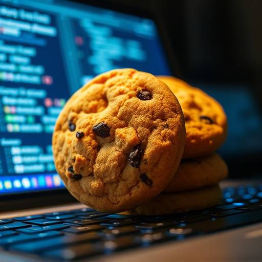 Illustration vo Cookies, wo uf eme Computer gspicheret werded. Symbolisch für d'Funktionswiis vo Cookies im Internet.