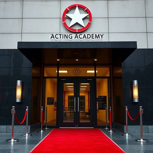 S'Hauptiigang vo dr Schauspielkunscht Akademii Züri mit emene rote Teppich und em Logo über dr Türe.